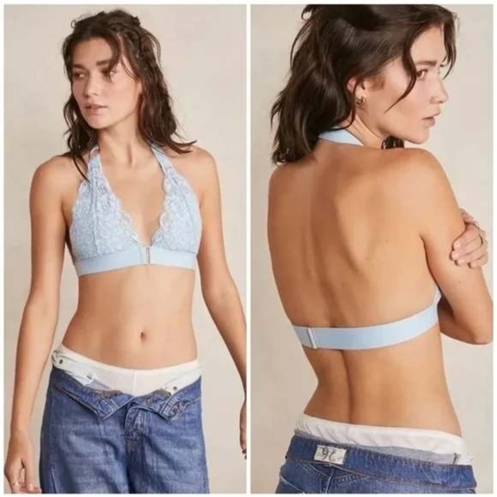NWT Free People x HAH Groupie Bralette French Blue L Lace Halter Boho‎ Coquette